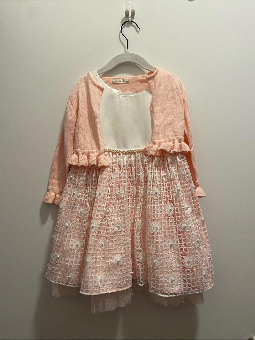 American Princess Pink and White Lace-Overlay Party Dress with Cardigan